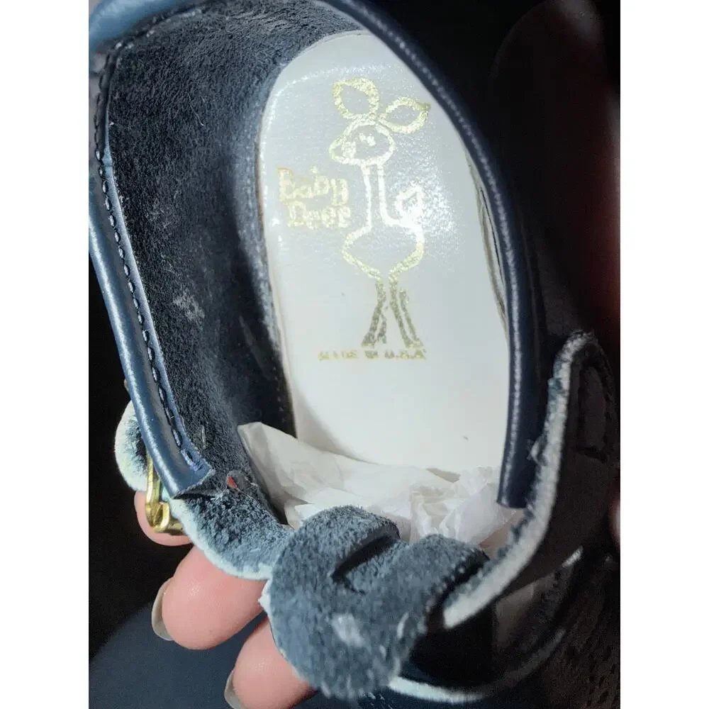 Vintage navy blue baby shoes double strap Maryjanes Mary Janes baby deer USA